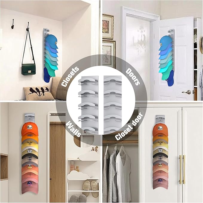 Hat Organizer for Baseball Caps 2Pack, Hat Rack for Wall with Strong Adhesive Hold up to 20 Hats, Hat Hanger Holder Display f