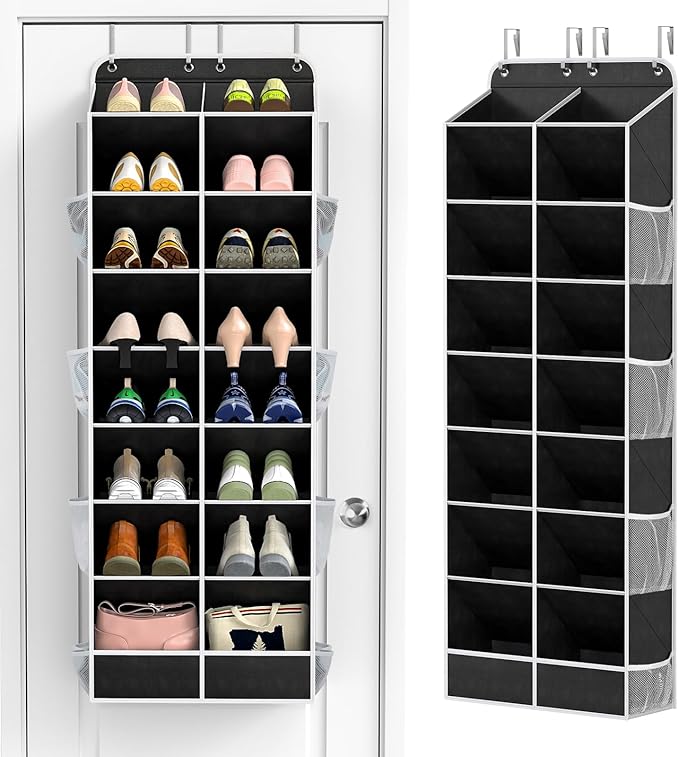 Yecaye 8 Tier Over the Door Shoe Organizer of Deep 16 Compartments, 50lbs Load Shoe Rack for Door in Oxford Holds 16-24 Pairs