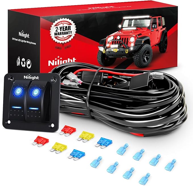 Nilight 16AWG LED Light Bar Wiring Harness Kit 12V On/Off 2 Gang Rocker Switch Panel Power Relay Blade Fuse 5Pin Toggle Switches for Cars Boat ATV Trucks-4 Leads