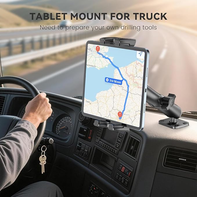 OHLPRO 6" Aluminum Arm Tablet Mount for Truck - Heavy Duty Drill Base Car Tablet Holder Compatible with iPad Samsung Tab 5"-13" Tablets and Phones, for Dashboard/Wall/Business/Desktop, etc.