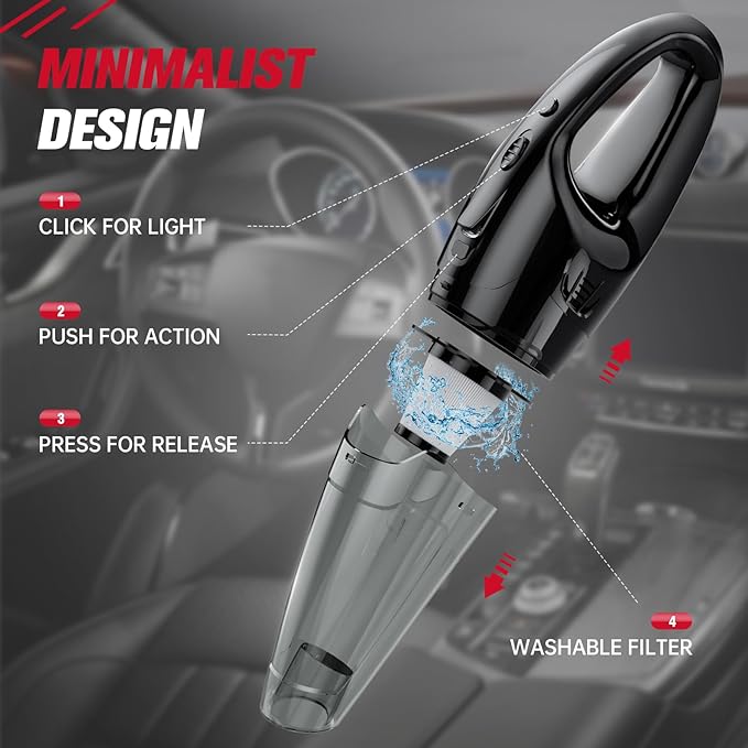 Handheld Vacuum Cordless Rechargeable 3-in-1, Car Vacuum Portable Cordless with USB Charge, Handheld Vacuum with LED Light, H