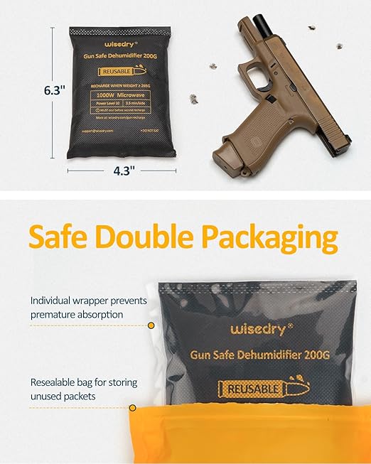 wisedry 200 Grams x 4 Packs Gun Safe Dehumidifier, Reusable Moisture Absorber for Gun Safes, Rechargeable Gun Safe Silica Gel