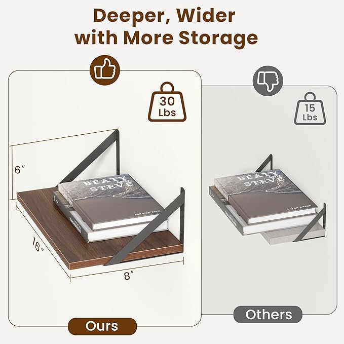 8" Deep Floating Shelves for Wall,16 inch Wood Wall Shelves Set of 2,Wide Floating Bookshelf with Sturdy Metal Brackets,Hangi