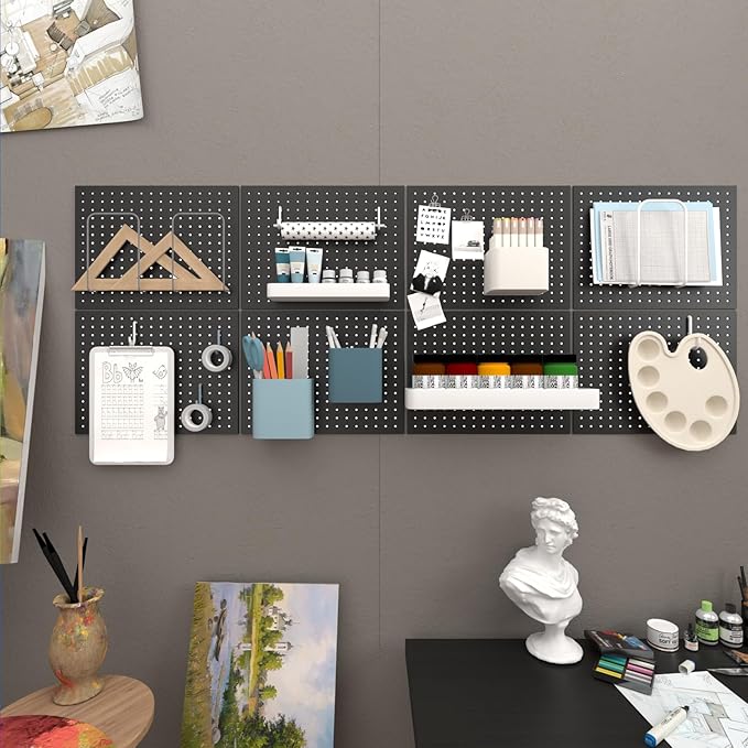 Metal Pegboard,4 Pack Metal Pegboard Panels With 8 Hooks,Black Pegboard Wall Organizer,16"x12" Steel Peg Boards for Walls,Too