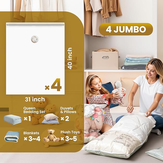 TAILI 4 Pack Vacuum Storage Bags, Jumbo Vacuum Seal Bags for Clothing (40x31 Inch), Space Saver for Bulky Bedding, Comforters