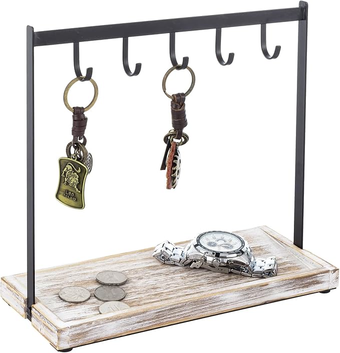 MyGift Black Metal Entryway Key Holder with 5 Hooks and Shabby Whitewashed Wood Base, Tabletop Necklace and Jewelry Organizer