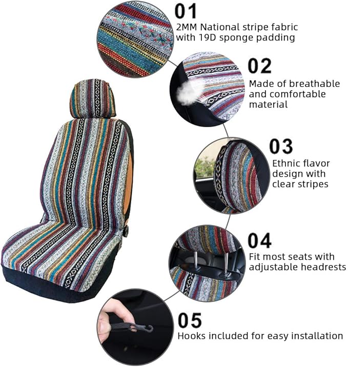 Car Seat Cover Baja Saddle Blanket 4PCS Front Striped Multicolor, Hippie Boho Seat Cover Universal Fit for Toyota, Honda, Nis