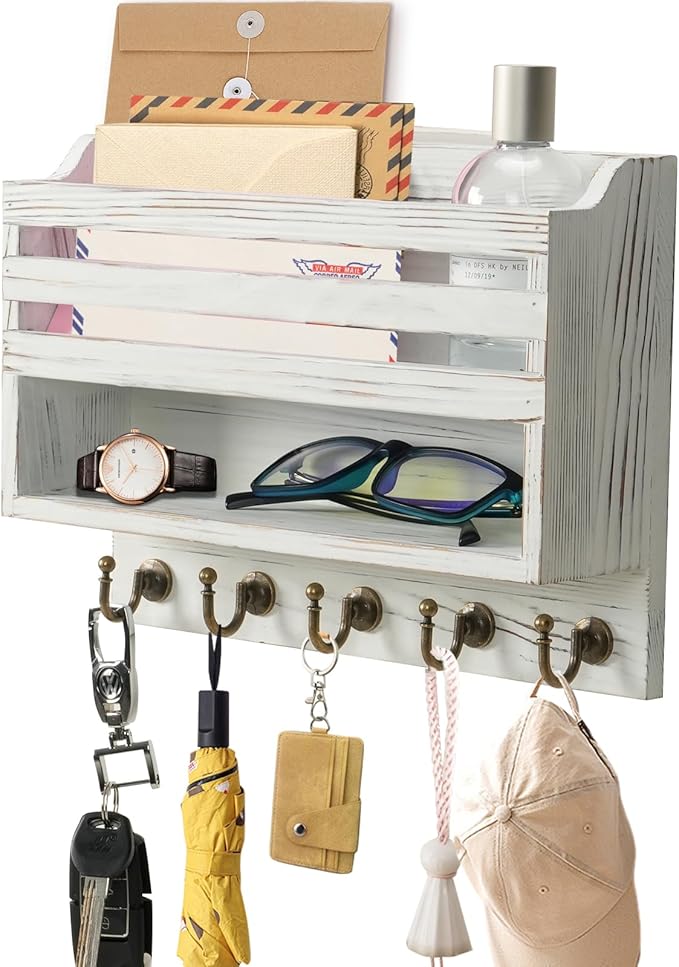 Mail and Key Organizer for Wall – Key Holder Wall Mount with Storage Box and 5 Key Hooks, Mail Holder Wall Mounted for Entryw