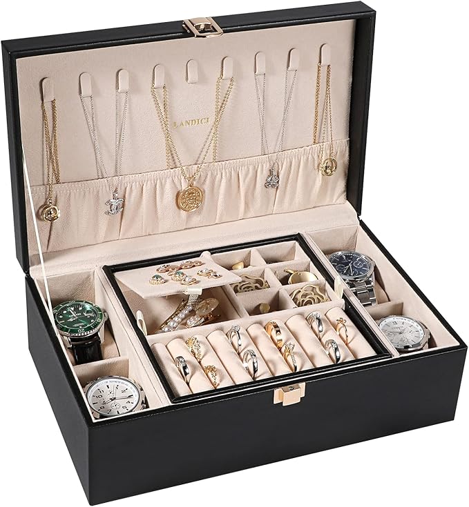 LANDICI Jewelry Box Organizer for Men Women, 2 Layer 4 Slot Watch Storage Case with Removable Tray, PU Leather Large Jeweller