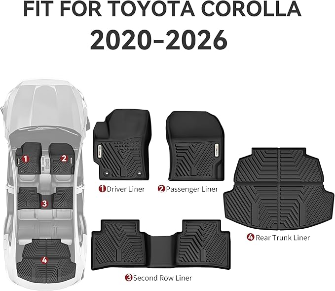 YITAMOTOR Floor Mats for Toyota Corolla 2026-2020, All Weather Custom Fit TPE Rubber Floor Liners and Trunk Mat, 1st & 2nd Row & Cargo Liner, Corolla Accessories, Black