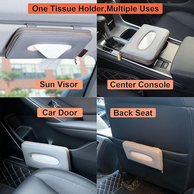 Car Sun Visor Tissue Holder, Napkin Holder, PU Leather Backseat Tissue Case Holder for Car Vehicle with Zipper (Grey)