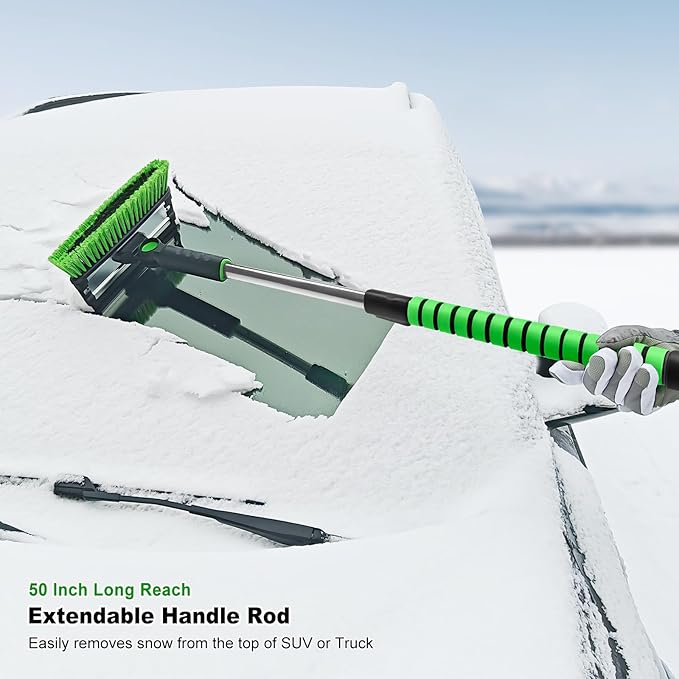 SEAAES 50 Inch Truck Snow Brush and Ice Scraper with Squeegee, Long Handle Extendable Windshield Ice Scraper with Foam Grip for SUV Truck Jeep RV Auto Vehicle Window