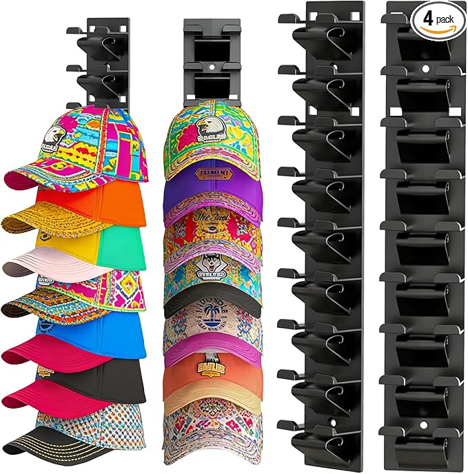 4 Pack Hat Organizer for Baseball Caps, Hat Organizer for Wall Hold up to 36 Hats, Wall-Mounted Hat Display Stand, Hat Rack, 