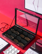 Coward Sunglass Organizer Tray Box, Black Velvet Grids Eyeglasses Display Tray Case with Transparent Glass Lid for Home Use o