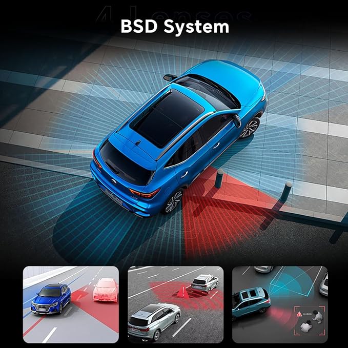 D80 4-Channel 4K Rear View Mirror Camera with ADAS and BSD,11” Touchscreen, Front and Rear and Left and Right Camera for Car，