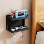 NiHome Large Wall Mounted Wooden Bedside Organizer, Double Storage Shelves & Magnetic Hooks, Solid Wood Bedside Shelf for Pho