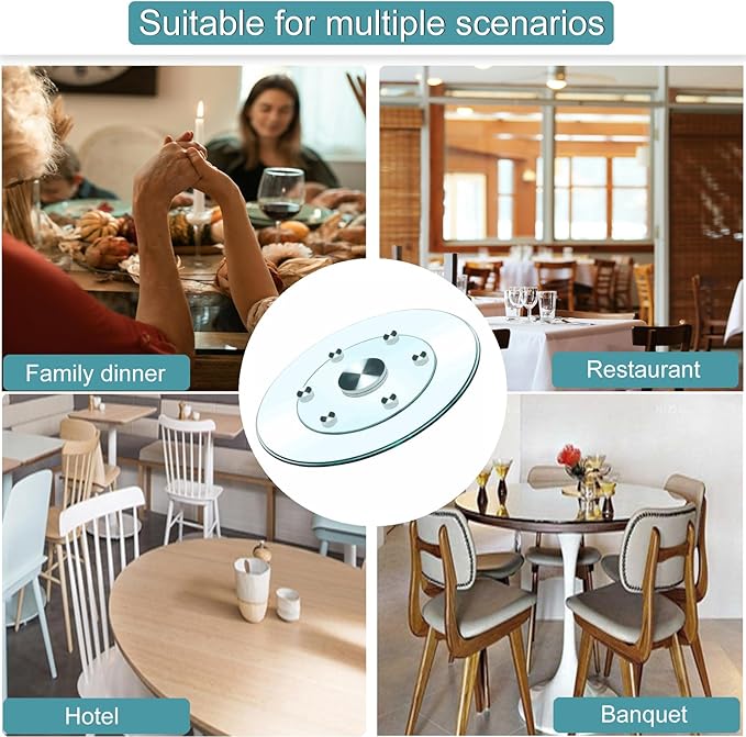 23" Large Glass Lazy Susan for Dining Table Kitchen Round Clear Turntable Serving Tray with 6 Rotating Wheels, Spin Table Cen