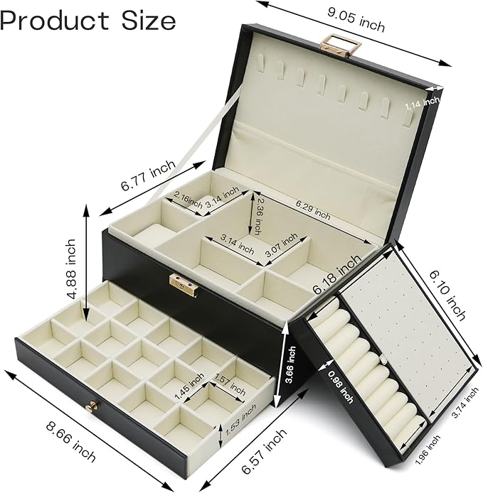Jewelry Organizer, Travel Jewelry Box Organizers for Women Girls, Jewellery Display Holder 3 Layers Large PU Leather Jeweller