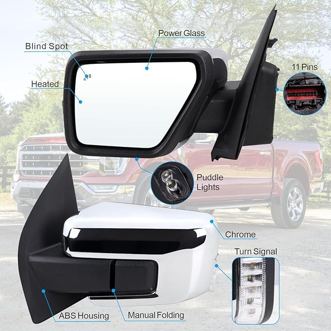 Left Driver Side Mirror Compatible With 2021-2026 Ford F150 With Manual Folding Power Glass Heated Blind Spot Turn Signal Light Puddle Light Chrome Replace#ML3Z17683SA(11Pins)