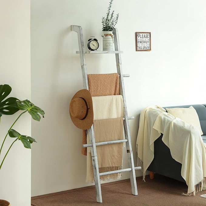 Taozun 67-Inch Farmhouse Blanket Ladder with Shelf and Hooks, 5-Tier Wooden Wall Leaning Towel Quilt Rack Holder for Living R