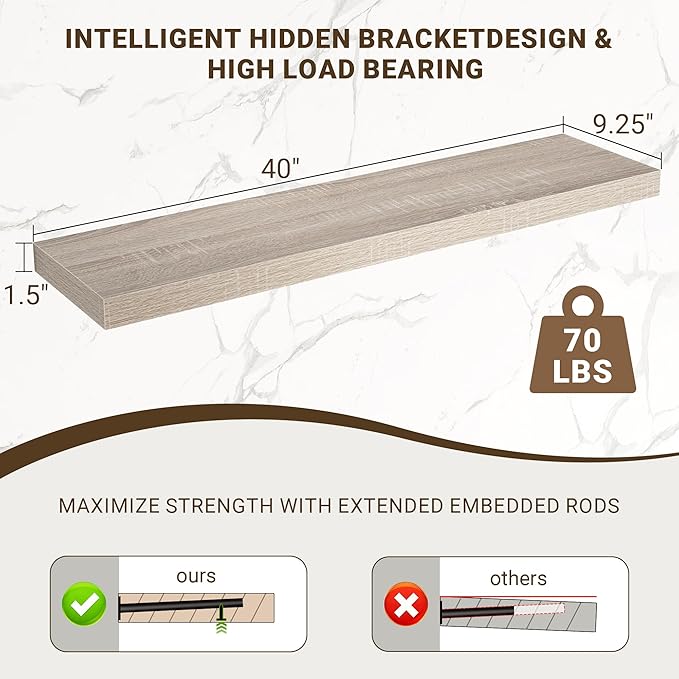 40 Inch Floating Shelves, 3D Textured Wood Grain, 40"x9.25"x1.5" Inch Deep Floating Shelves for Wall, Wooden Shelves for Bath
