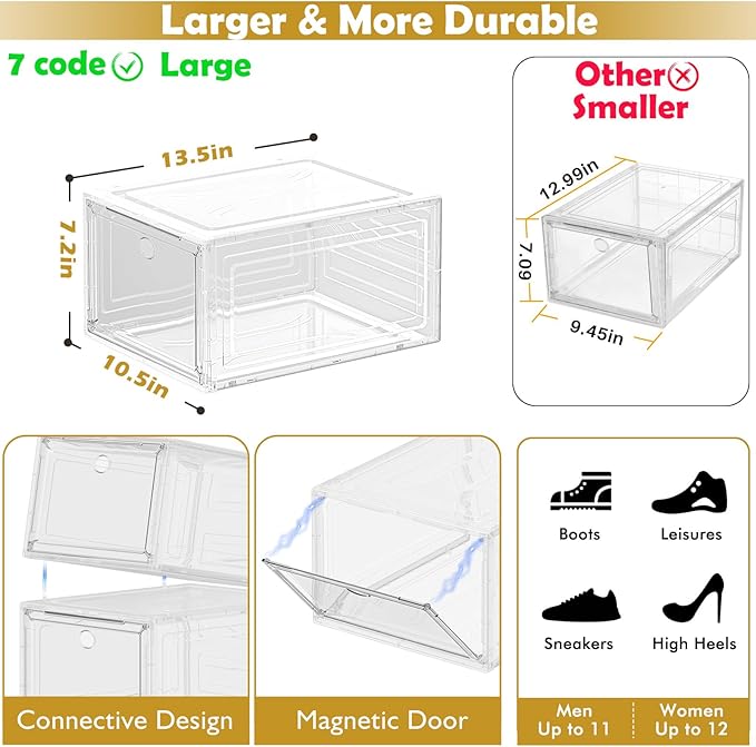 7 code Large Clear Shoe Boxes Organizer【Thicker Material】 Stronger Shoe Box with Magnetic Door, Stackable Shoe Storage Box fo