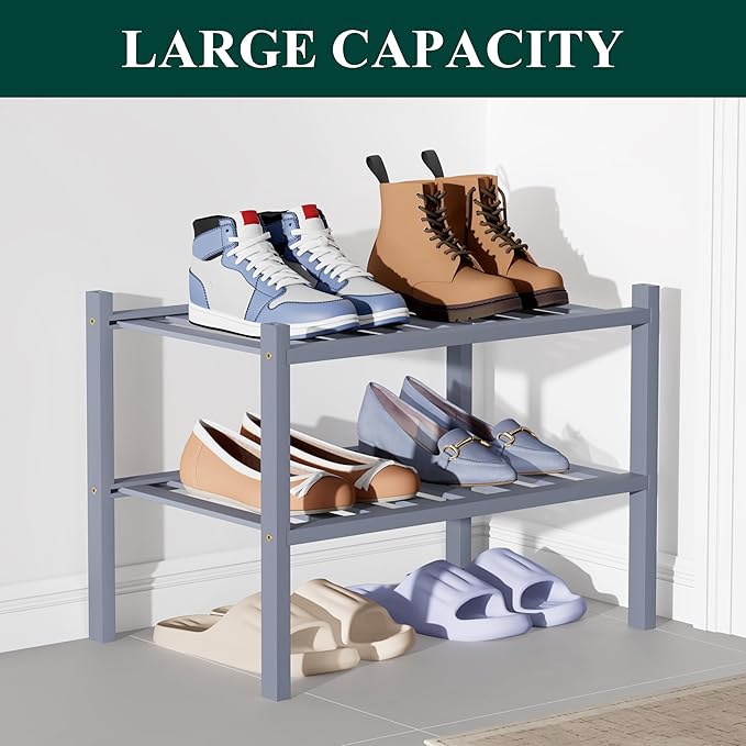 Smiry Bamboo Shoe Rack for Closet, 2 Tier Small Wooden Stackable Shoe Organizer, Free Standing Shoes Storage Shelf for Entryw