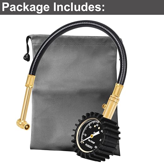 Motorcycle Tire Pressure Gauge 60 PSI, PUIBERS 2’’ dial Mechanical Tire Gauges with 90 Degree Right Angle Chuck Flexible Hose, Tires Guages for Pressure Glow in The Dark for Cars, Motos, Bicycles