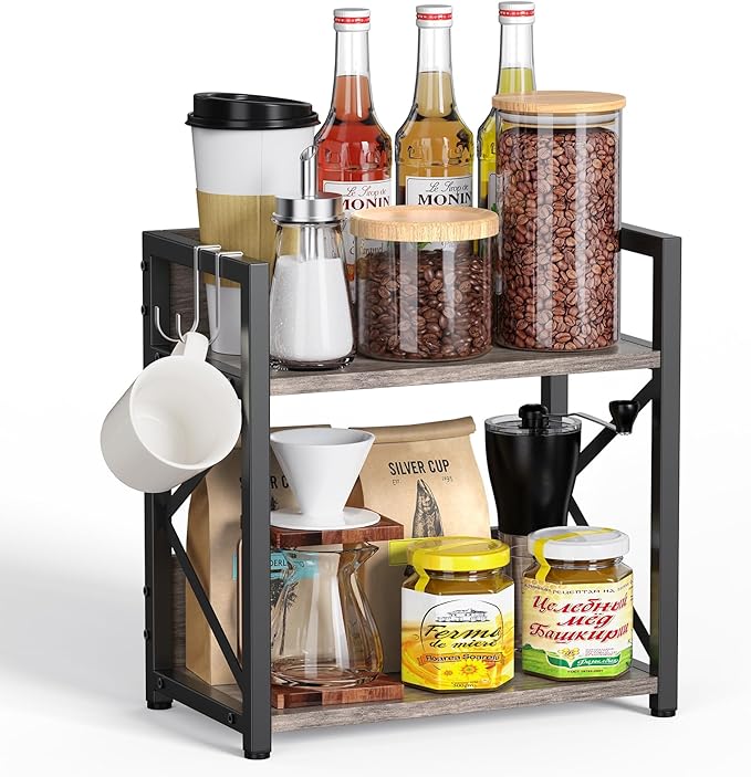 Kitchen Countertop Organizer, Coffee Bar Station Organizer for Countertop, 2 Tiers Kitchen Counter Shelf, Wooden Spice Rack O