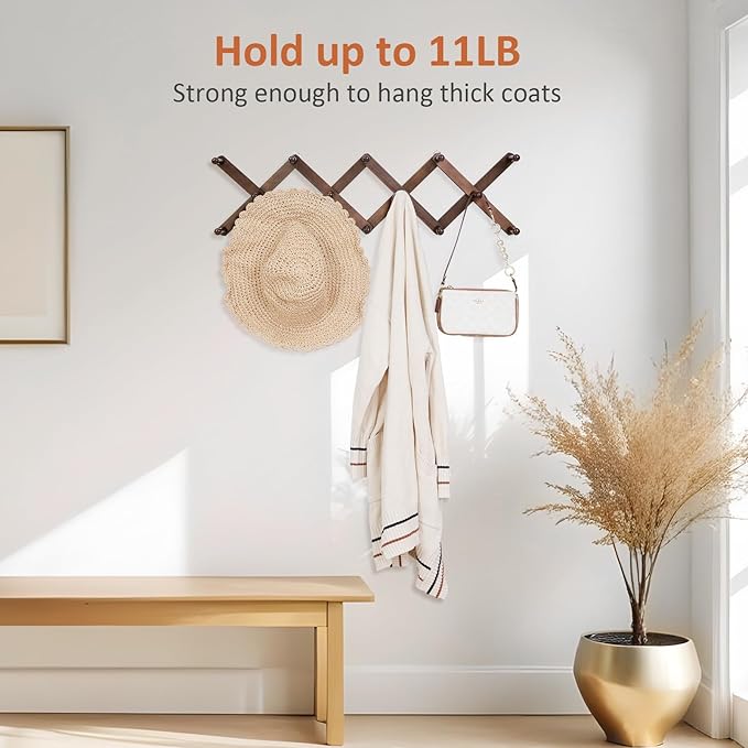 Accordion Wall Hanger, Hat Rack for Wall with 14 Coat Hooks, Expandable Hat Hangers Organizer, Vintage Decorative Coat Rack W