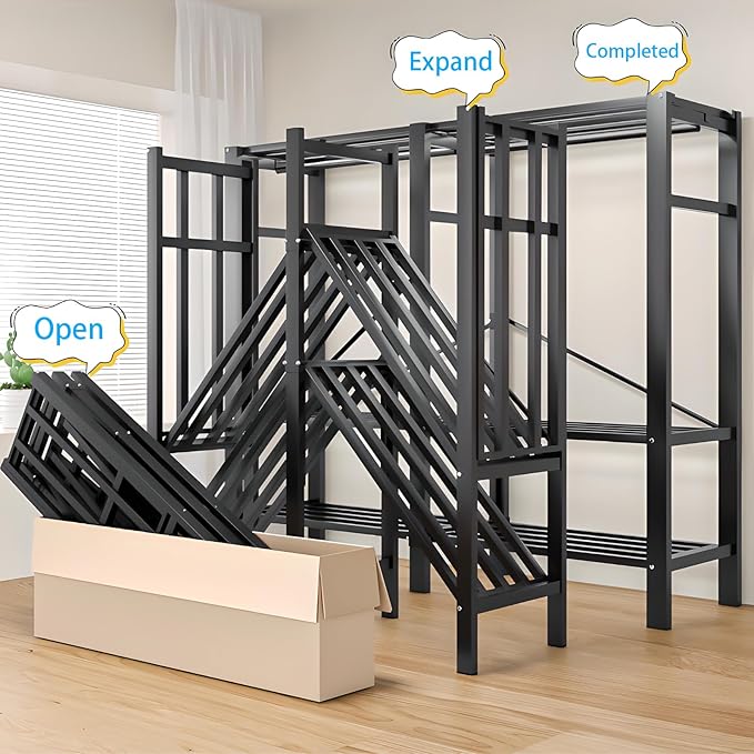 Heavy Duty Covered Clothes Rack with Magnetic Door Foldable Portable Wardrobe Closet for Hanging Clothing Rolling Black Metal