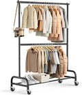 MISSLO Heavy Duty Clothing Racks for Hanging Clothes Rack Double Rod Garment Rack Rolling Closet Wardrobe Rack on Wheels, Met