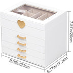 Kendal Jewelry Box, 5-Layer Jewelry Organizer Box with Glass Lid, Brass Gold and White, Heart Shaped PU Leather, Storage Box 