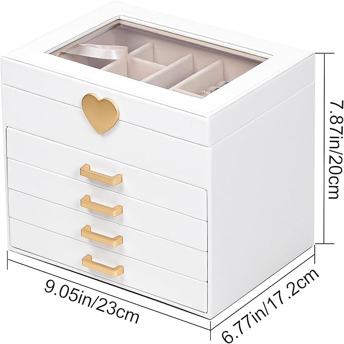Kendal Jewelry Box, 5-Layer Jewelry Organizer Box with Glass Lid, Brass Gold and White, Heart Shaped PU Leather, Storage Box 