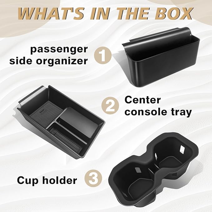 Muslogy Center Console Organizer & Cup Holder Insert 3PCS Set Compatible with 2025 2026 Nissan Kicks Armrest Box Divider Gear Shift Storage Pocket Drink Stopper (Console Tray& Side Pocket & CupHolder)