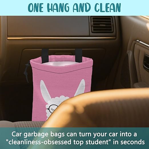 Car Garbage Bag Cute White Alpaca in Glasses Drawstring Car Trash Bag Hanging for Back Seat with Adjustable Buckle Canvas Vehicle Trash Can Easy-to-Install