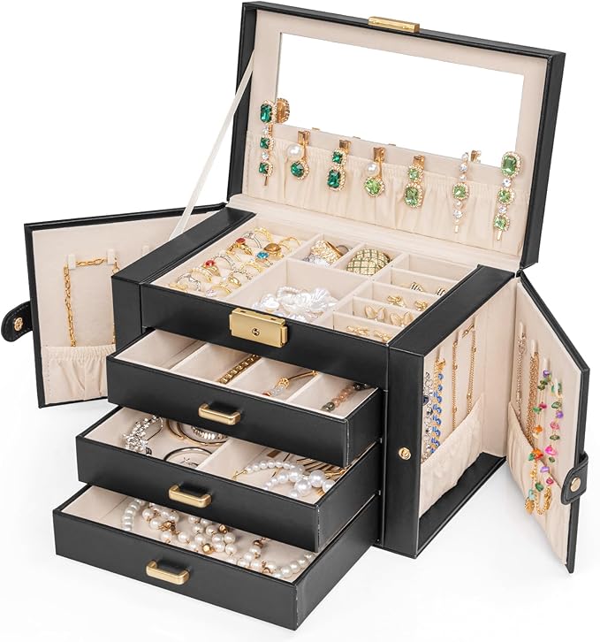 AKOZLIN Large 4-Tier Jewelry Box Leather Jewelry Storage Organizer with 3 Drawers Lockable for Women Girls Ring Necklace Earr