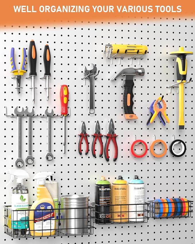 INCLY 1/4“ Extra Thick Pegboard Accessories Kit, 100PCS Heavy Duty Metal Peg Board Hook Assortment with 3 Sizes Basket S/M/L 