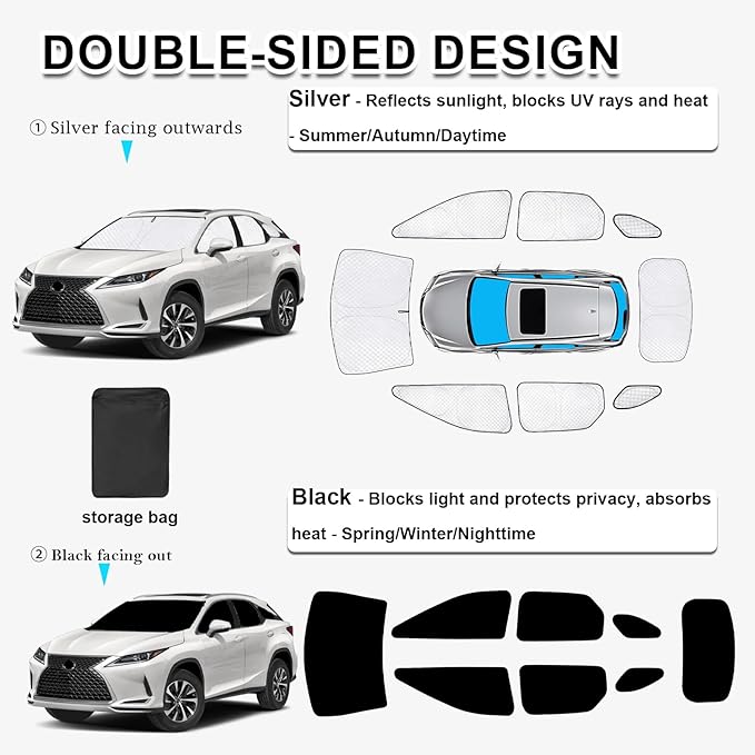 KMF 8pcs Thicken Full Sun Shades for Lexus RX 2016-2022 Accessories RX350/RX 450h, Custom Fit Car Window Covers Sunshade for Windshield Side Rear, UV Block and Privacy Blackout for Car Camping