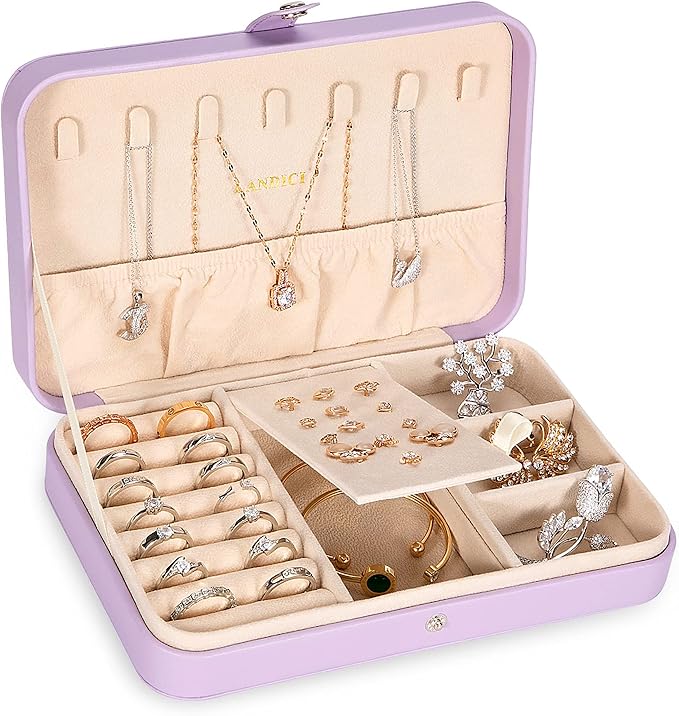 LANDICI Small Jewelry Box for Women Girls, PU Leather Travel Jewelry Case, Portable Jewelry Organizer Storage Holder Display 