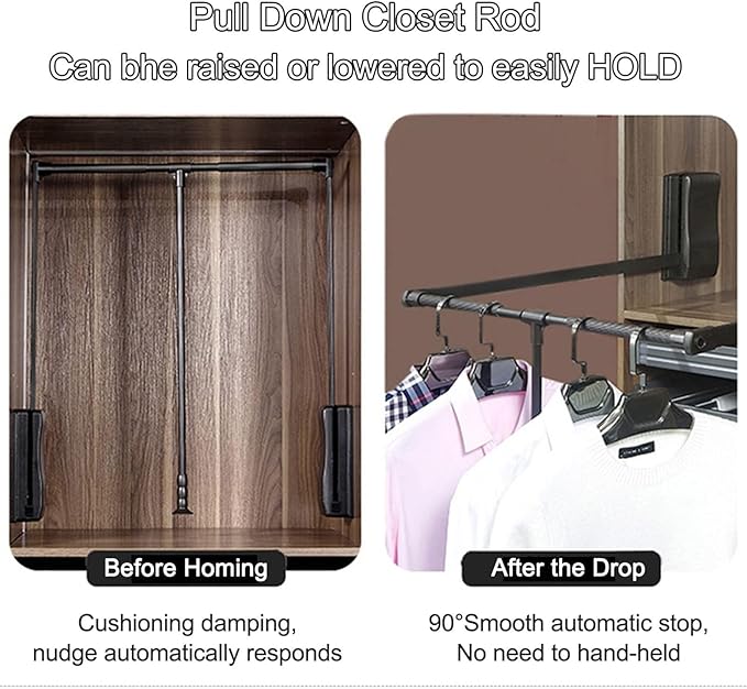 Pull-Down Wardrobe Clothes Rail - Extendable Pull Out Closet Rod, Wardrobe Clothes Hanger Rail Soft Return, Metal Wardrobe Li