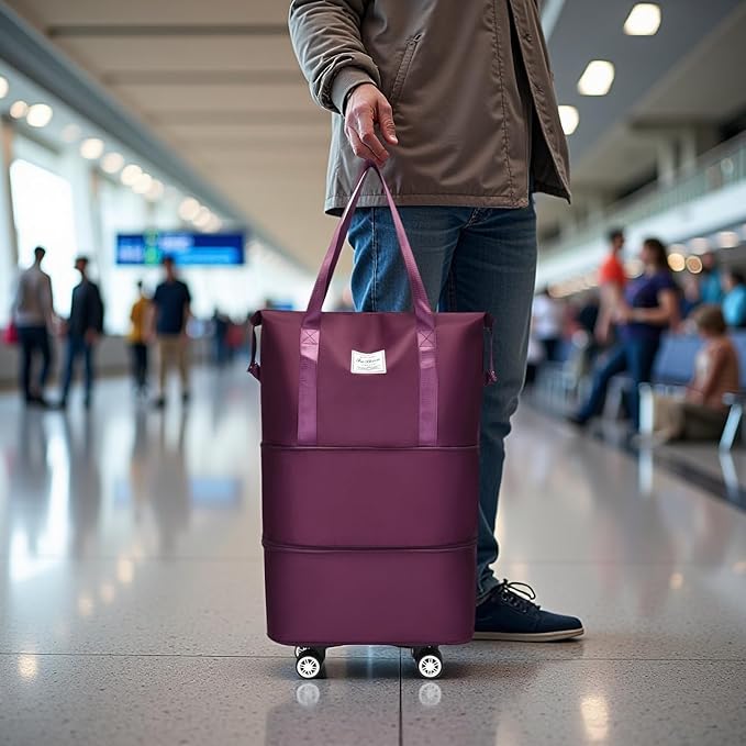 Expandable Foldable Duffel Bag with Detachable Wheels, 64L Large Capacity Rolling Travel Duffle Bag, Lightweight Carry on Luggage with Spinner Wheels, Weekend Gym Tote Bag (Deep Purple)