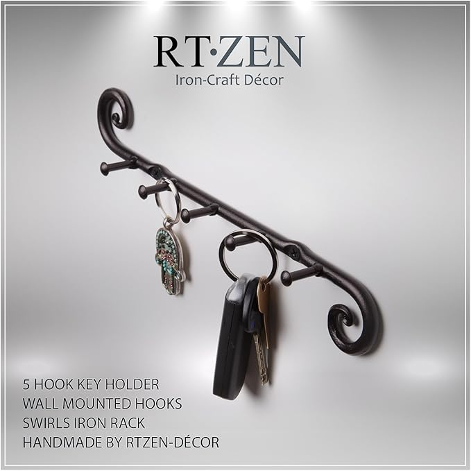 RTZEN Farmhouse Small Key Holder for Wall - Handcrafted Swirl Decorative 5 Key Hooks for Home Entryway - Wrought Iron Wall Mo