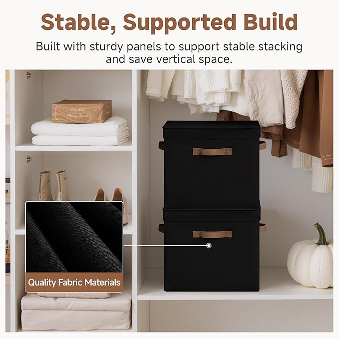 StorageWorks Fabric Storage Bins with Lid, Decorative Storage Boxes for Shelves, Stackable Closet Organizer Basket with Handl