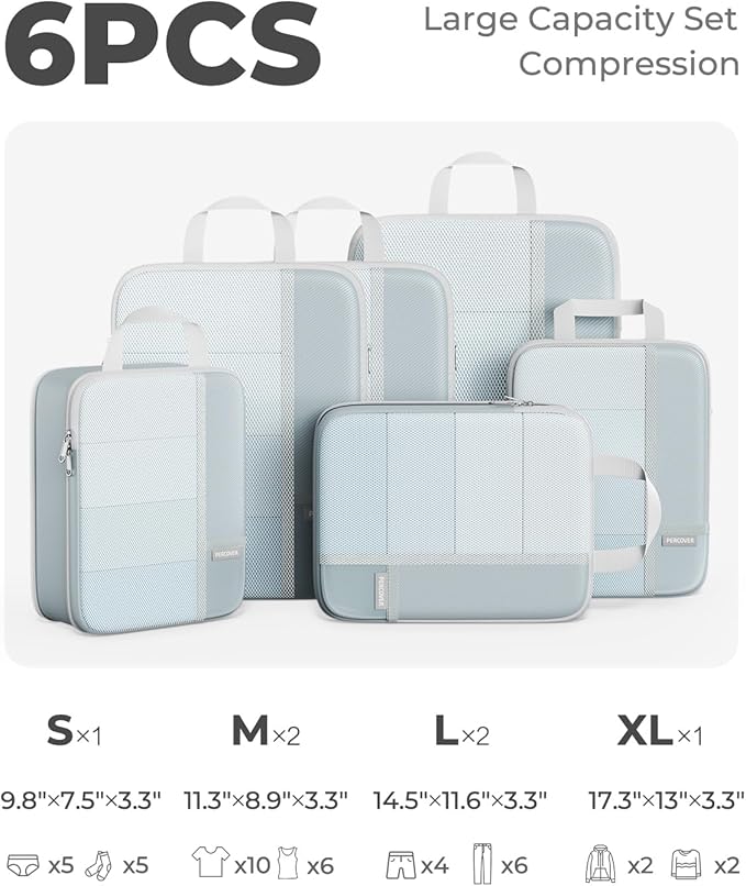 Percover Compression Packing Cubes 6-Piece Set, Packing Cubes Compression for Travel with Multi-Size Organization, Travel Org