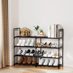 2 Rows 4 Tier Shoe Rack, Black Metal Stackable Shoe Shelf with Multifunctional Hooks, Hold 16-20 Pairs, Space Saving Shoe Org