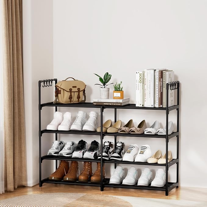 2 Rows 4 Tier Shoe Rack, Black Metal Stackable Shoe Shelf with Multifunctional Hooks, Hold 16-20 Pairs, Space Saving Shoe Org