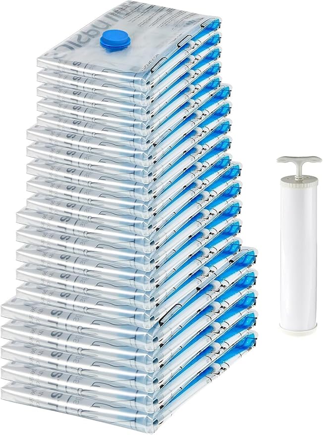 Amazon Basics Vacuum Storage Bags with Hand Pump for Travel, Space Saving Compression Bags for Clothes, Clothing, Blankets an