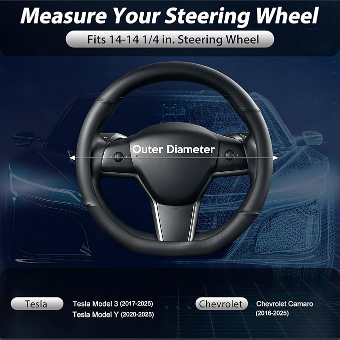 SEG Direct Flat Bottom Steering Wheel Cover, D Shaped Car Wheel Cover 14-14 1/4 in. (35.5-36 cm), for Tesla Model 3 / Y, for 