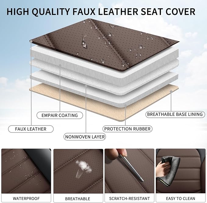 Brown Car Seat Covers Full Set, Universal Faux Leather Seat Covers for Cars 5 Seats, Waterproof Leather Car Seat Covers, Comf